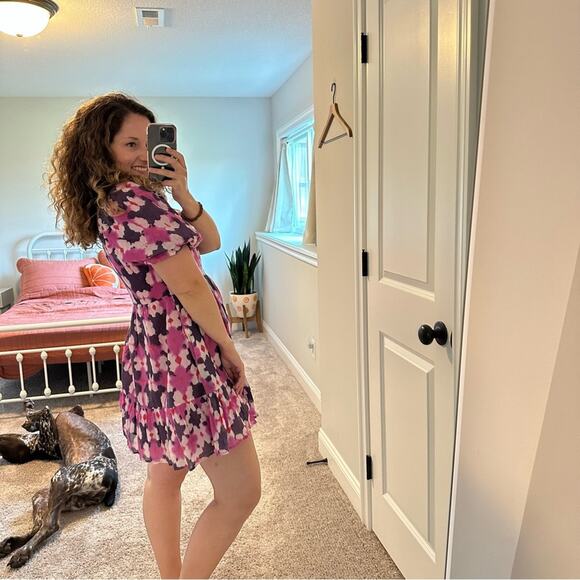 Banjanan Pink Purple Block Printed Ikat Cotton Square Neck Mini Dress Small - Picture 2 of 13